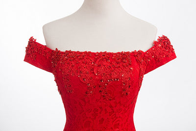 Red Mermaid Lace Off the Shoulder Beading Prom Dress
