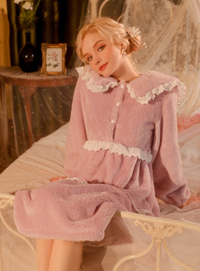Flannel Lace Stitching Pleated Nightdress