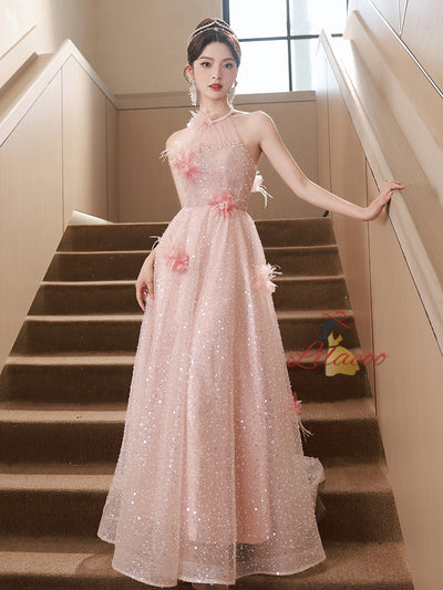 Pink Sequins Halter 3D Flower Prom Dress