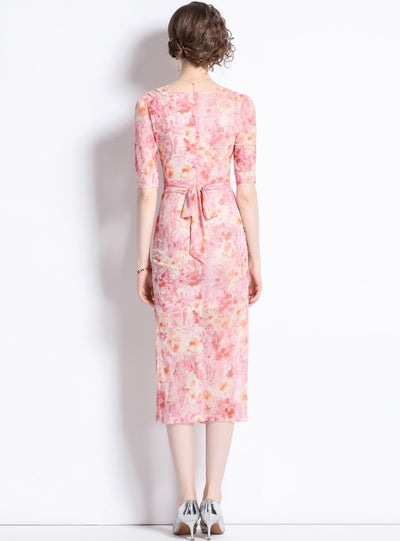 Pink Smudge Gradient Gauze V-neck Dress