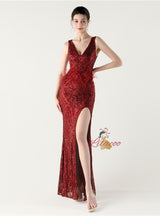 V-neck Mermaid Sequins Feather Prom Dress