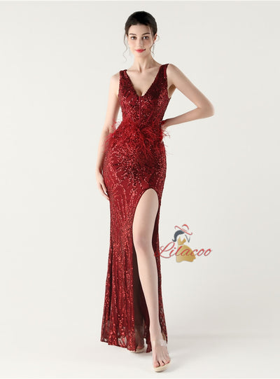 V-neck Mermaid Sequins Feather Prom Dress
