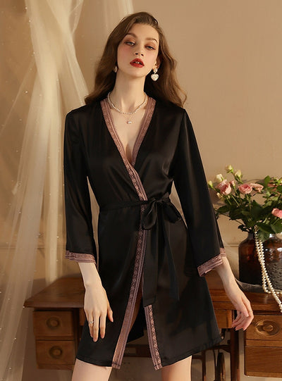 Ice Silk Long Sleeve Silk Lace Bathrobe