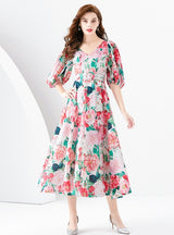 Palace Bubble Sleeve Print Long Dress