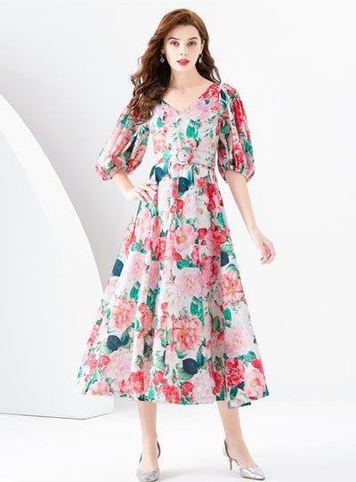Palace Bubble Sleeve Print Long Dress