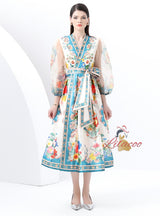 Retro Printed V-neck Bubble Sleeve Dress