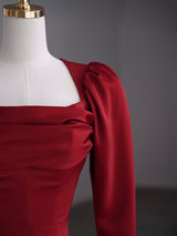Burgundy Long Sleeve Satin Pleats Prom Dress