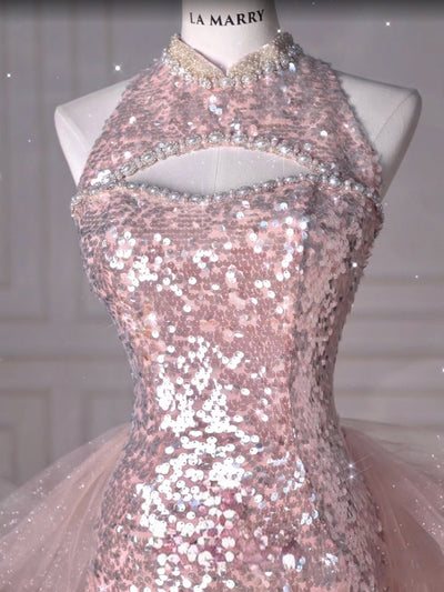 Pink Mermaid Sequins Tulle Beading Prom Dress