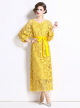 Long Sleeve Round Neck Slim Waist Lace Dress