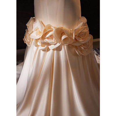 Champagne Mermaid Satin Pearls Wedding Dress