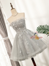 Gray Tulle Sequins Strapless Homecoming Dress