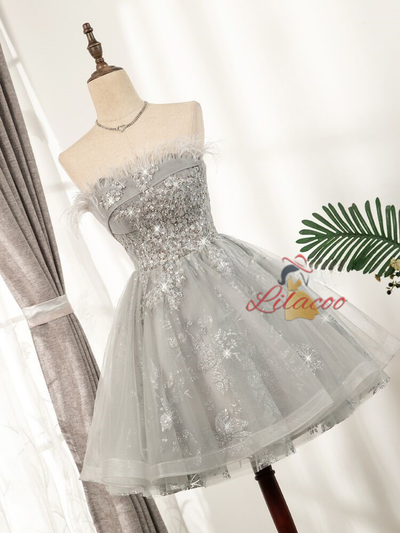 Gray Tulle Sequins Strapless Homecoming Dress
