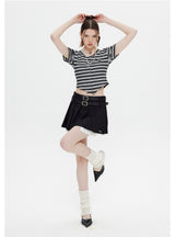 Short-sleeved Irregular V-neck Striped T-shirt