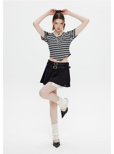 Short-sleeved Irregular V-neck Striped T-shirt