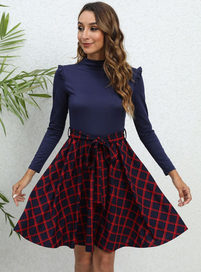 Retro Stitching Contrast Long Sleeve Dress