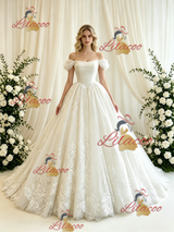 Beige White Tulle Lace Appliques Wedding Dress