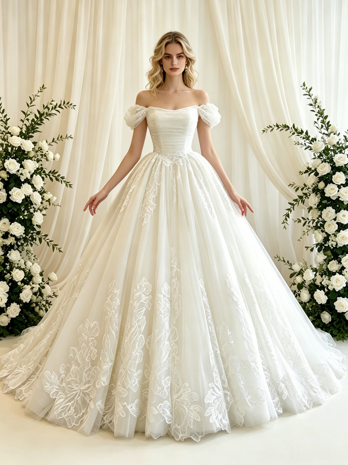 Beige White Tulle Lace Appliques Wedding Dress