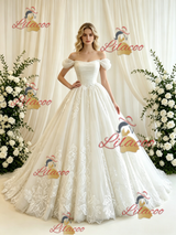 Beige White Tulle Lace Appliques Wedding Dress