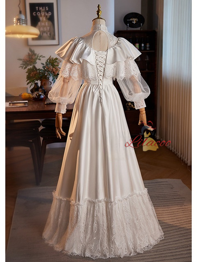 White Satin Lace Long Sleeve High Neck Wedding Dress