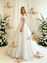 Beige White Tulle Lace Appliques Wedding Dress