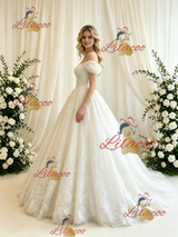 Beige White Tulle Lace Appliques Wedding Dress