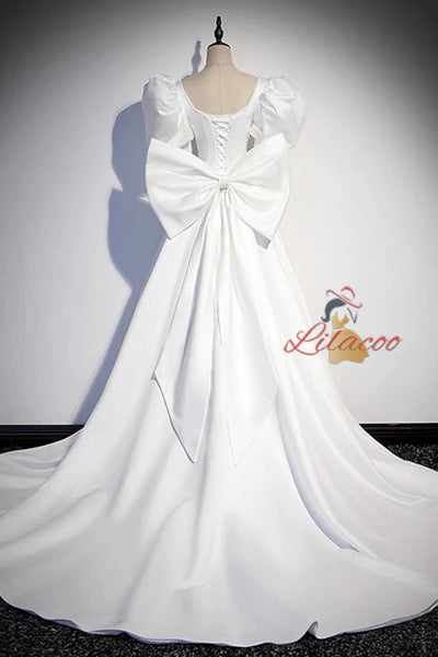 White Satin Puff Sleeve Bow Wedding Dress