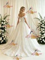 Beige White Tulle Lace Appliques Wedding Dress