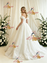 Beige White Tulle Lace Appliques Wedding Dress