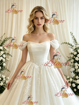 Beige White Tulle Lace Appliques Wedding Dress