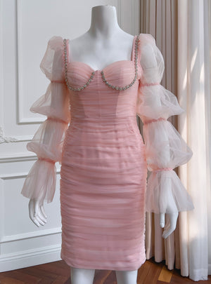 Pink Tulle Long Sleeve Pleats Prom Dress