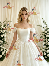 Beige White Tulle Lace Appliques Wedding Dress