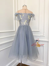 Gray Tulle Lace Pearls Prom Dress