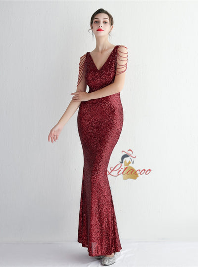 Mermaid Sequins V-neck Beading Prom Dress