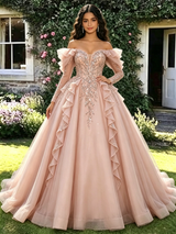 Pink Tulle Sequins Long Sleeve Quinceanera Dress
