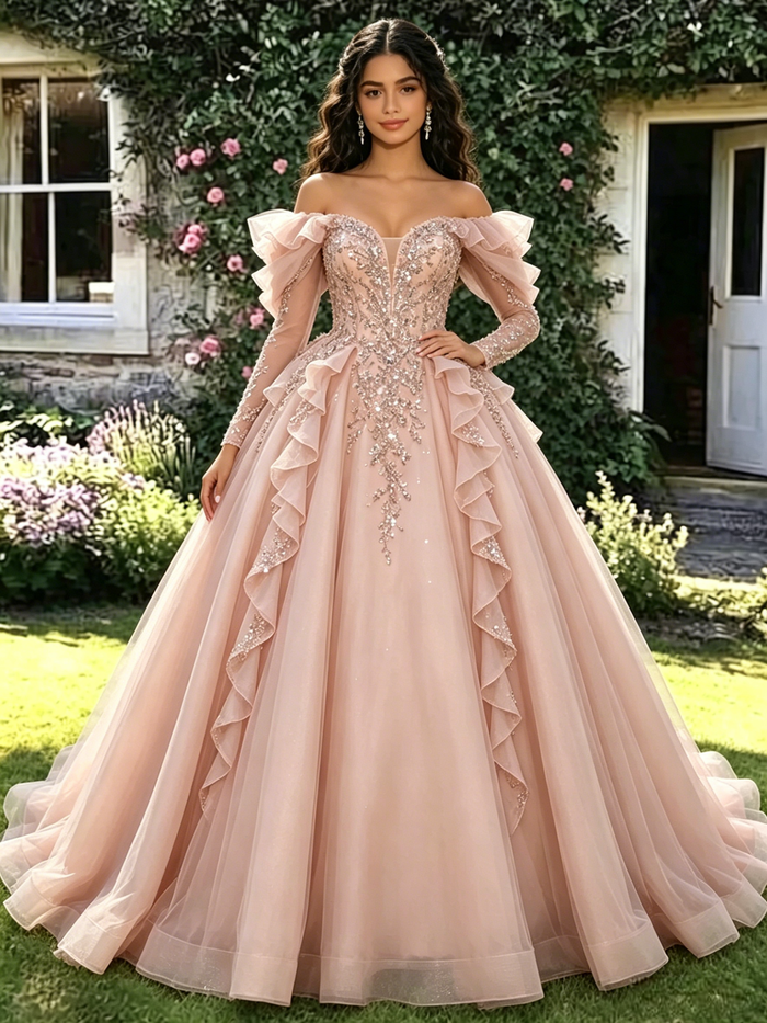 Pink Tulle Sequins Long Sleeve Quinceanera Dress