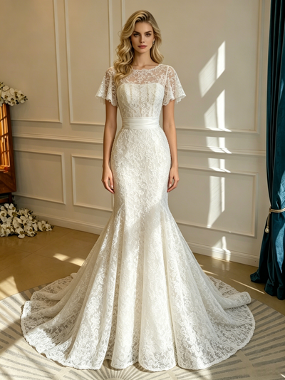 White Mermaid Lace Scoop Neck Wedding Dress