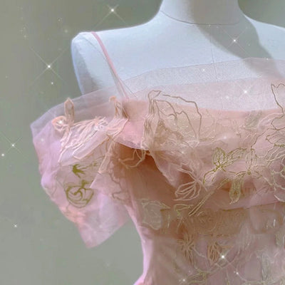 Pink Tulle Lace Straps Prom Dress