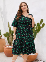 V-neck Short-sleeved Ruffled Printed Dress