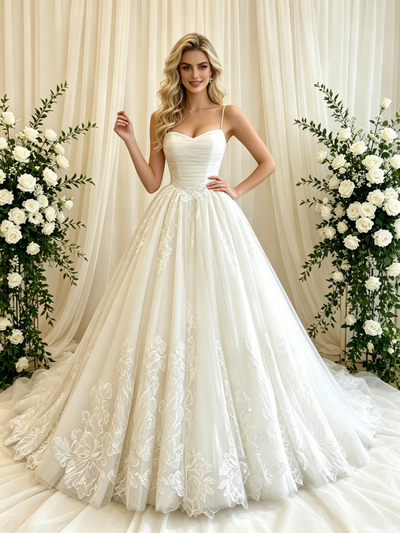 Beige White Tulle Lace Straps Wedding Dress
