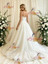 Beige White Tulle Lace Straps Wedding Dress