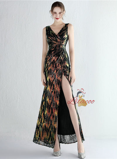 Mermaid V-neck Sequins Split Prom Dress