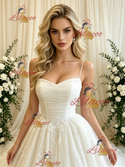 Beige White Tulle Lace Straps Wedding Dress