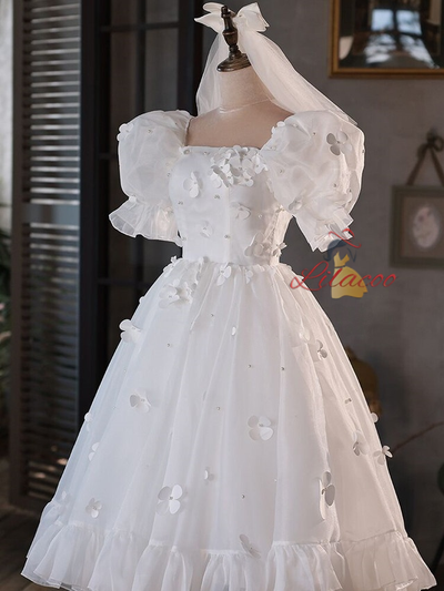 White Tulle Puff Sleeve 3D Flower Wedding Dress