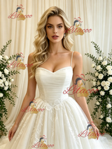 Beige White Tulle Lace Straps Wedding Dress