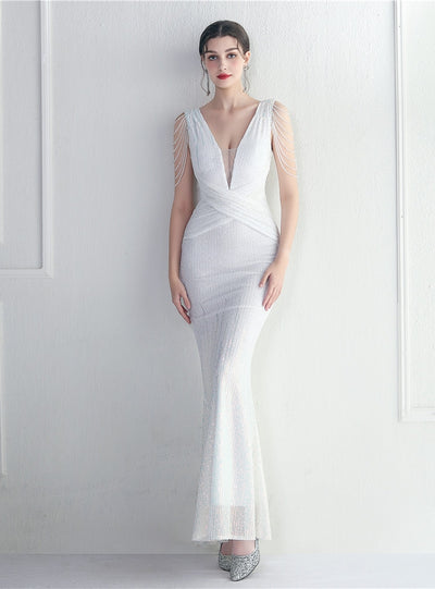 V-neck Sequins Beading Prom Dress