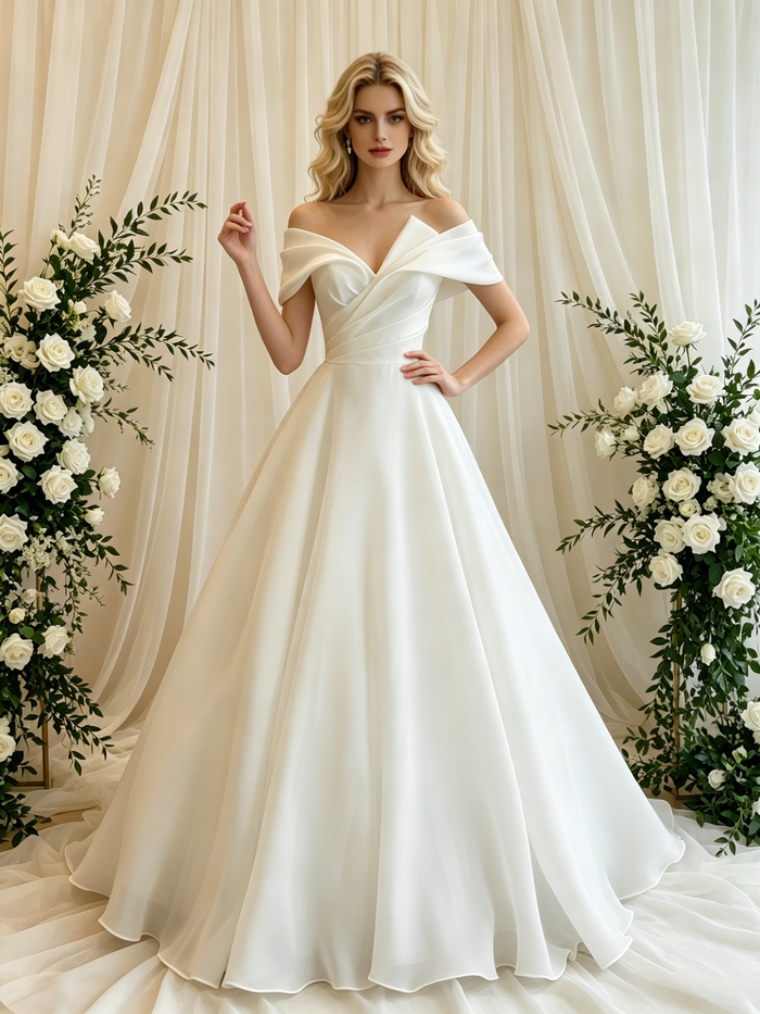 White Off the Shoulder Pleats Wedding Dress