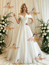 White Off the Shoulder Pleats Wedding Dress