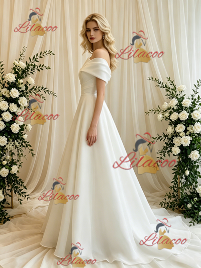 White Off the Shoulder Pleats Wedding Dress