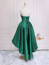 Green Satin Pleats Hi Lo Prom Dress