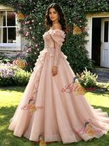 Pink Tulle Sequins Long Sleeve Quinceanera Dress